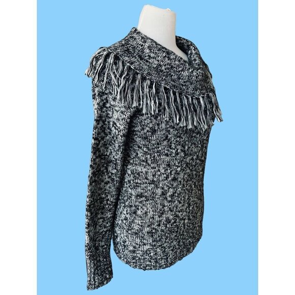 JONES NEW YORK SPORT LADIES LS  BLACK WHITE HERRINGBONE TASSELED SWEATER EUC S - Picture 4 of 9